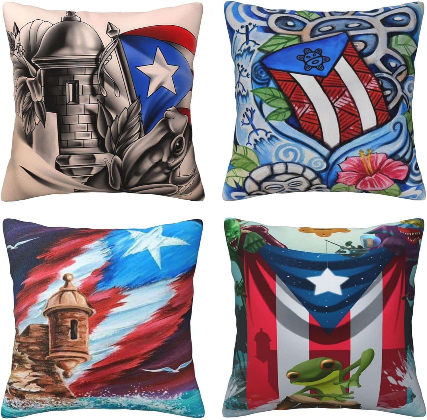 Kizon Pillow Covers Boricua Puerto Rico Throw Pillow Cover Set of 4 Decorative Puerto Rican Throw Pillow Case Cushion Cover for Boricua Home Couch Bed Sofa Decor 18x18 Inch