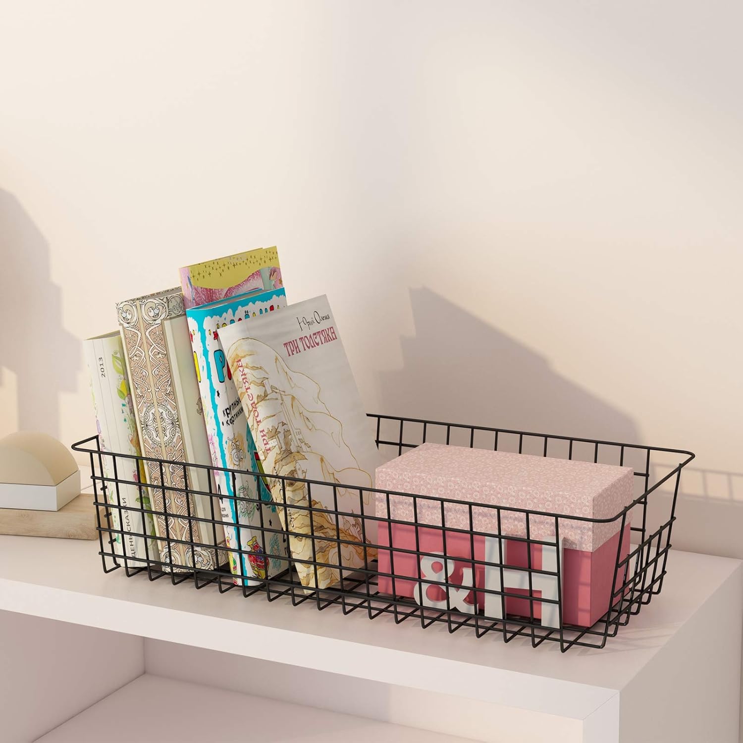 Wire Storage Baskets, 2 Pack Farmhouse Metal Wire Rustic Toilet Paper Basket, Food Organizer Bins with Handles for Kitchen Cabinets, Pantry, Closets, Bedrooms, Bathrooms, Office, Garage (Black)