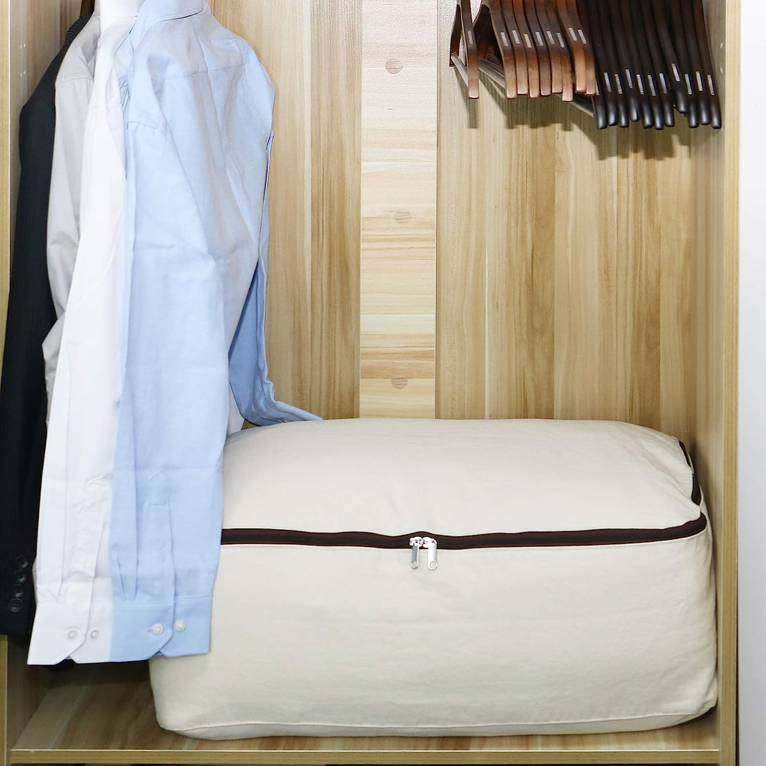 Lot de 3 grands sacs de rangement réutilisables 100 % coton doux pour armoire, placard, chambre à coucher, dortoir universitaire, beige