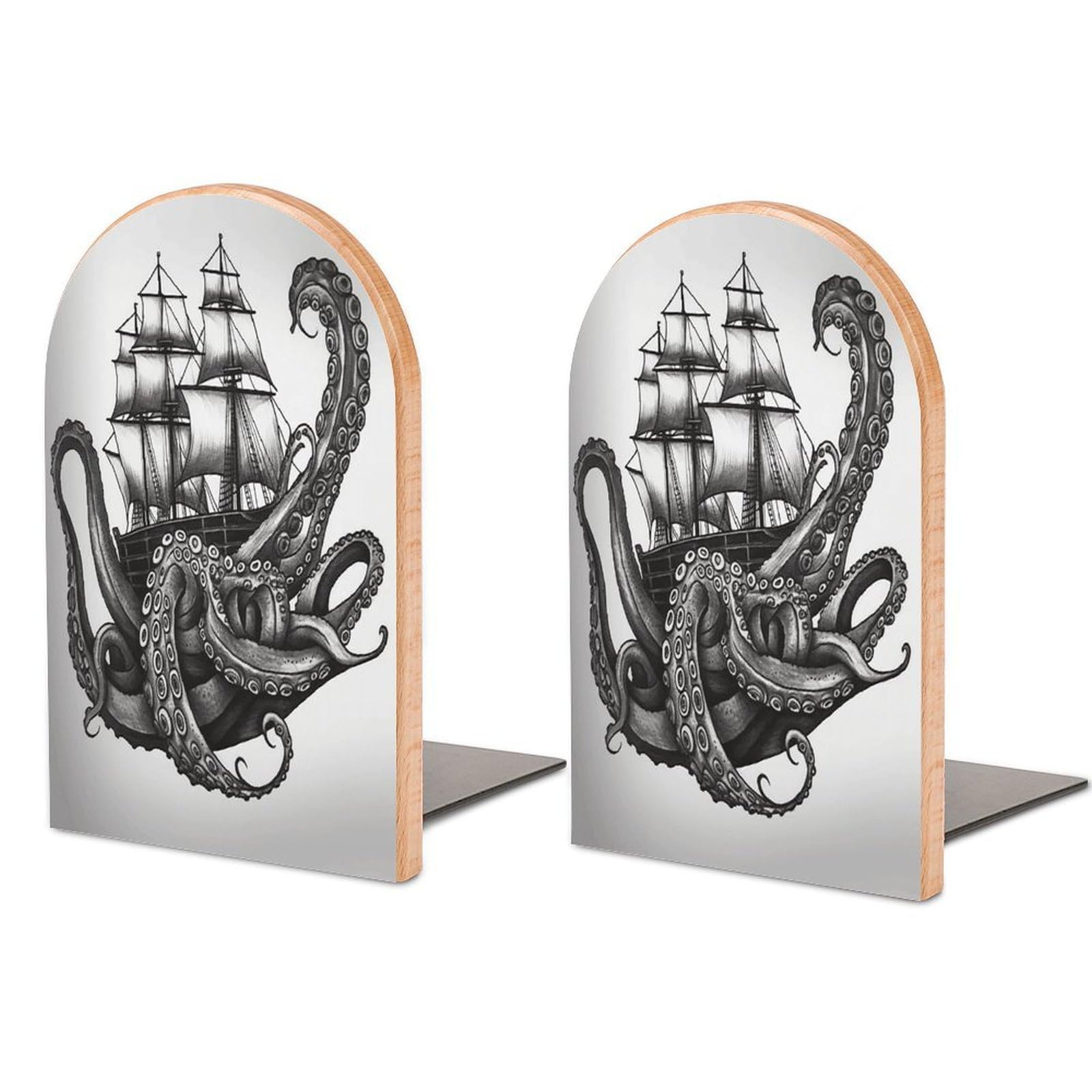 Black and White Octopus and Ship Bookend Wood Book End for Shelves Heavy Duty Non-Slip Wooden Bookend Support Universal Economy Bookends Fancy Modern Decorative Book Accessories 1 Pairs