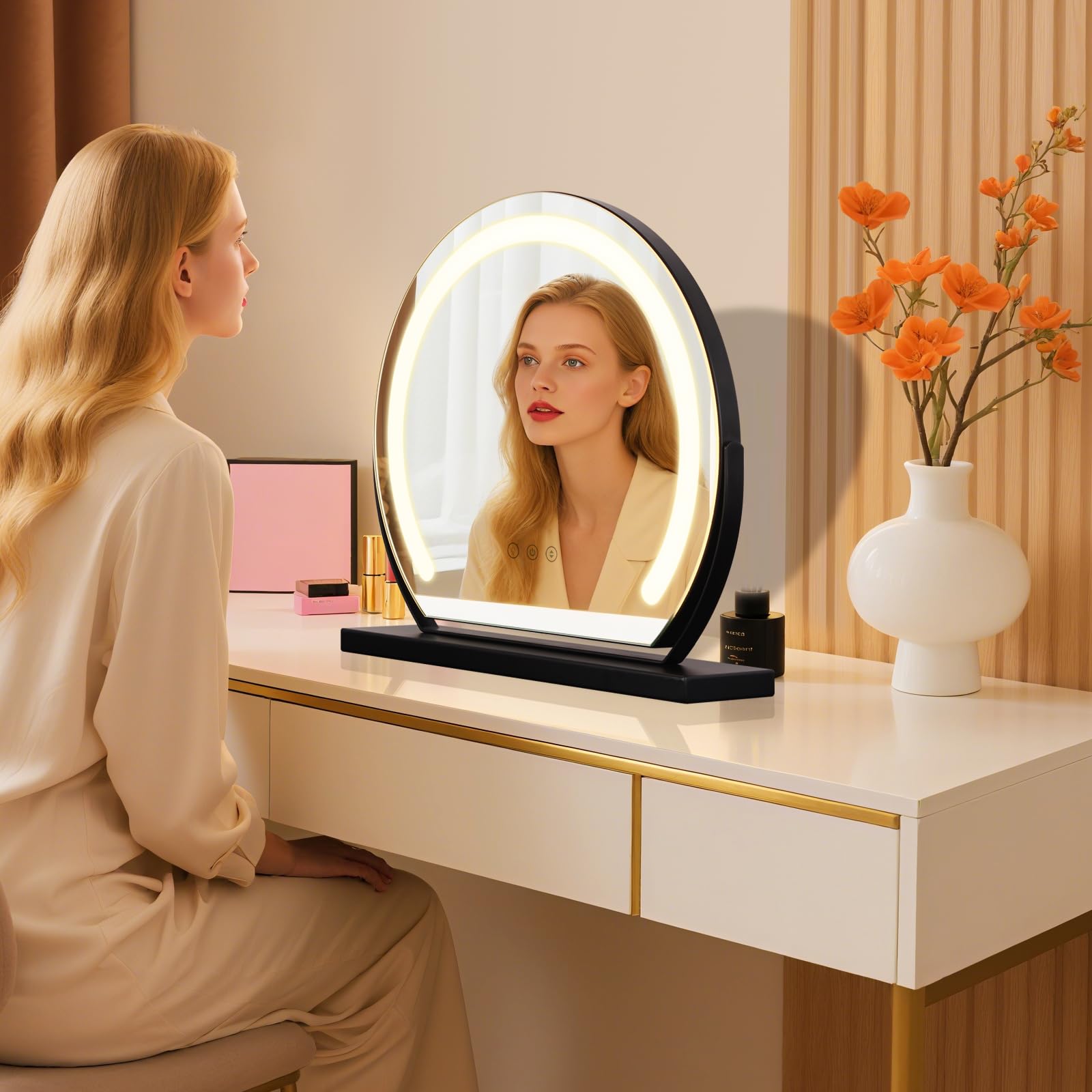 Espejo de maquillaje con iluminación, 40 x 40 cm, espejo de maquillaje giratorio en negro con LED de 9 W, 3 botones táctiles y atenuación continua, espejo de mesa moderno para maquillaje, baño