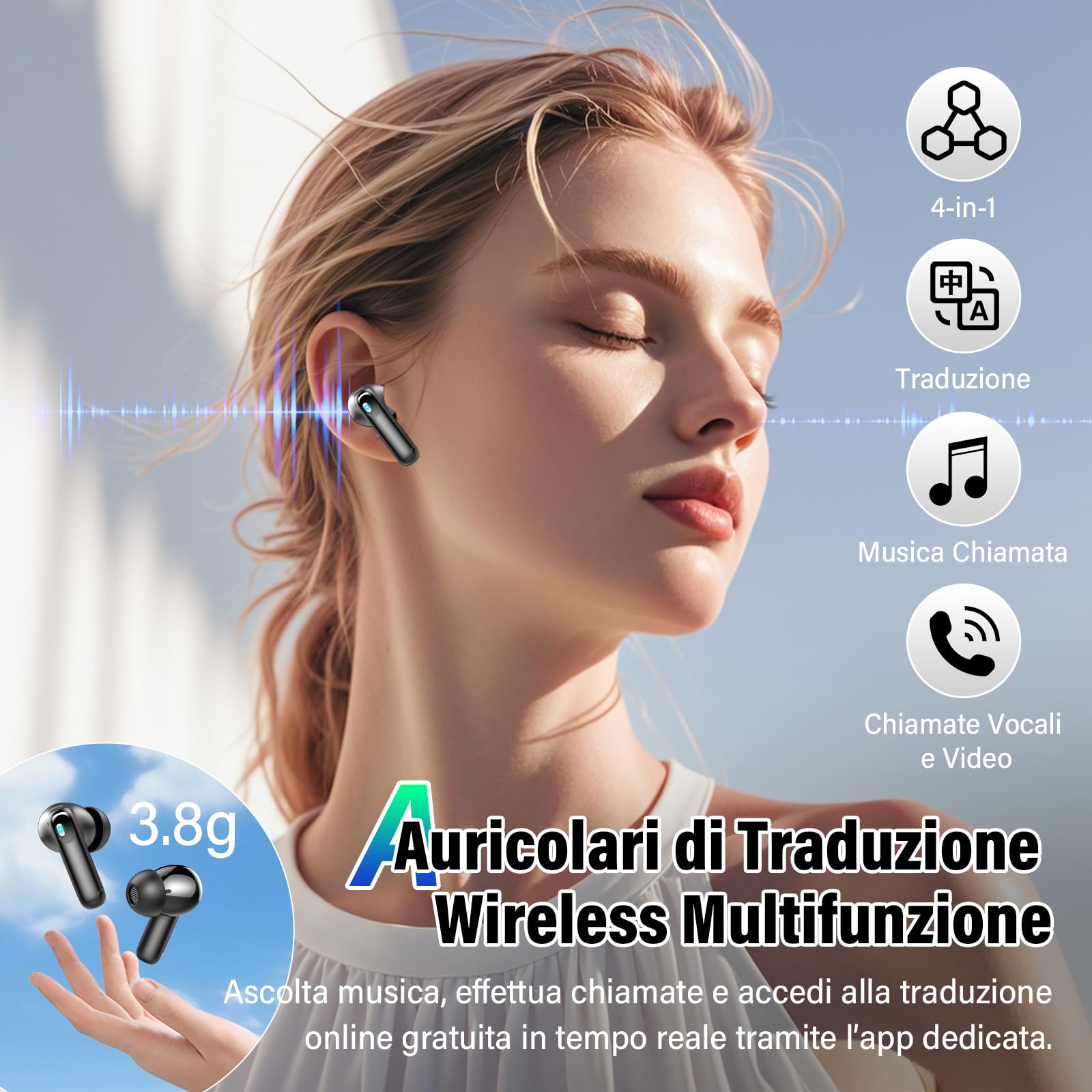 AI Cuffie Traduzione, 4-in-1 Auricolari Cuffiette, Traduttore Istantaneo Vocale in 164 Lingue, Cancellazione Rumore ANC/ENC, 7 Modalità Traduzione, Schermo Tattile LED, Musica/Chiamate/Traduttore