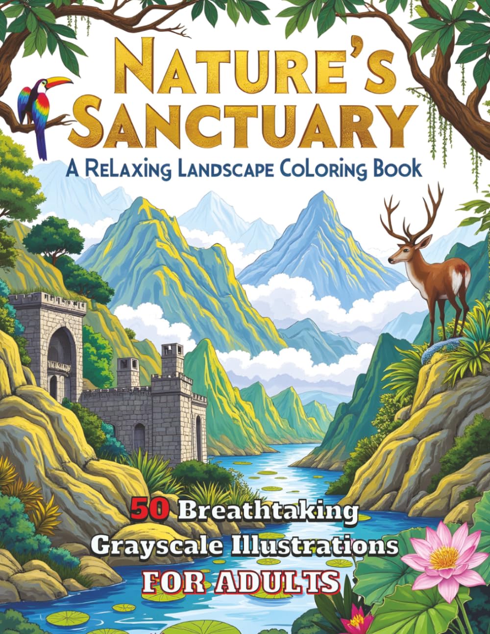 Nature's Sanctuary A Relaxing Landscape Coloring Book: 50 Breathtaking Grayscale Illustrations for Adults