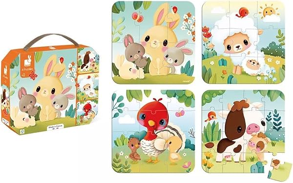 Janod - 4 Puzzles Évolutifs Animaux de la Ferme - 6-9-12-16 Pièces - Jouets Enfant - Jeux Éducatifs - Dextérité et Patience - Fabriqué en France - Dès 24 Mois, J03319 - 3