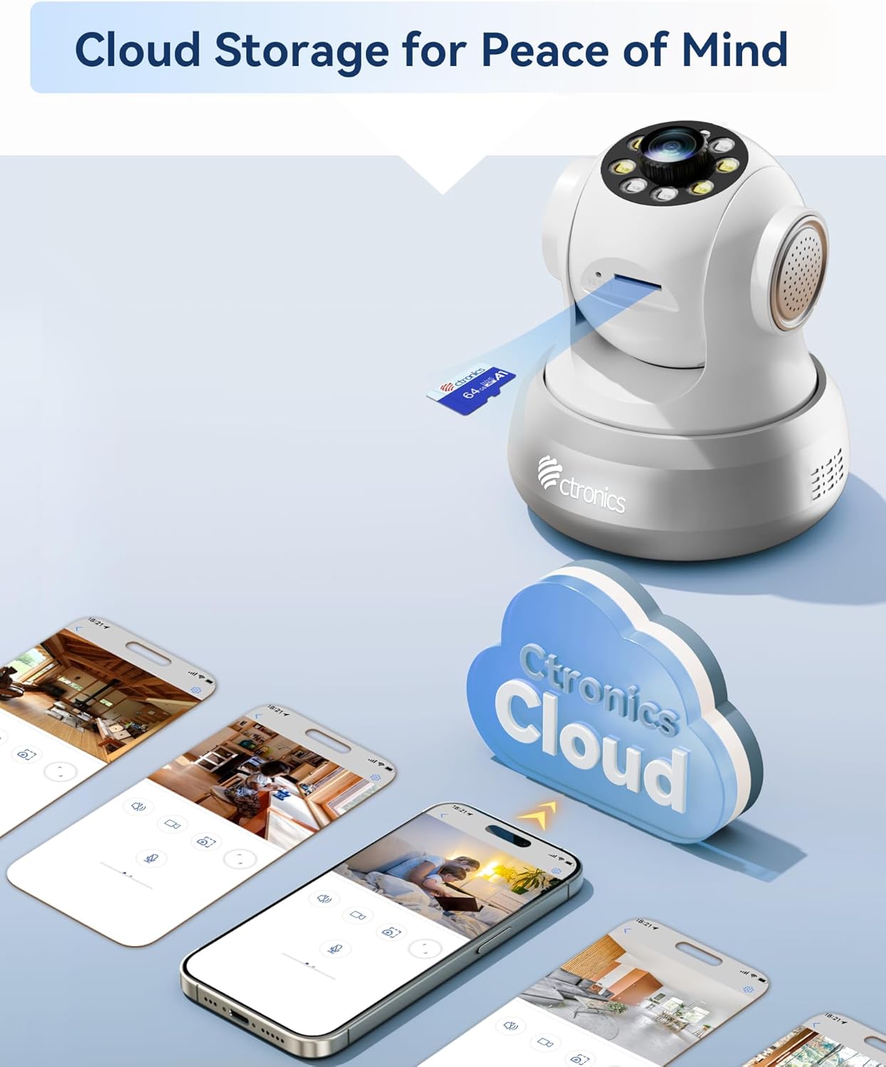Ctronics camera with a TF card being inserted, and a cloud icon, illustrating local and cloud storage options