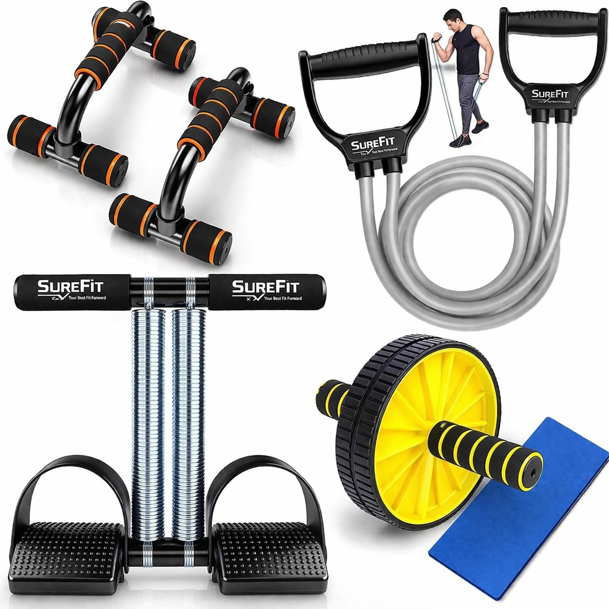 SUREFIT Exercise-KIT/Full Body Home Workout Equipment Set for Men & Women/Includes Tummy Trimmer Double Spring with Comfertable Foam Grip Handle, Resistance Bands, Push-Up Bar & AB Roller (Black)