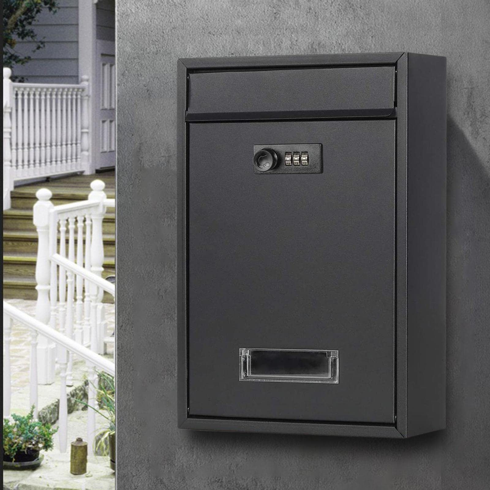 LOVIVER Buzón de pared con bloqueo de gran capacidad, con bloqueo de código, hierro externo para puerta delantera, decoración del hogar, oficina, carga de periódicos