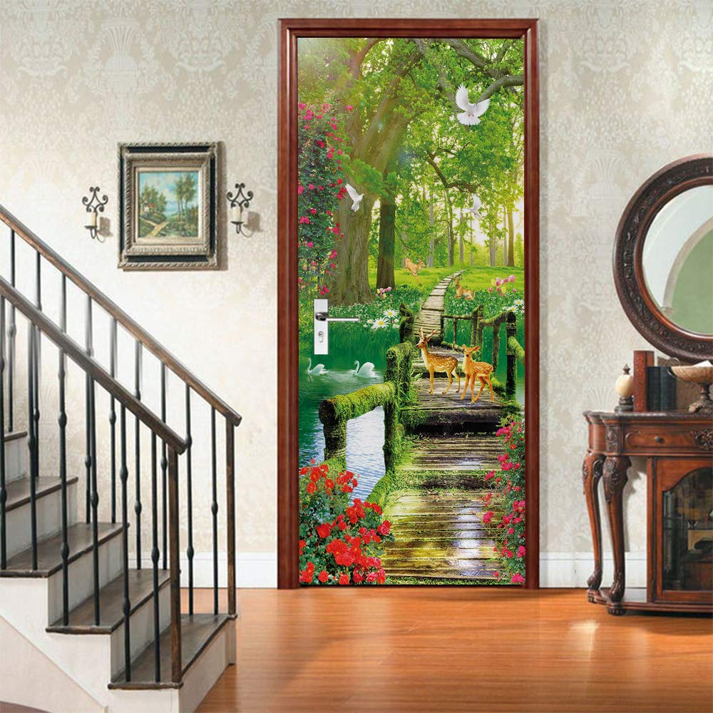 Stickers Mural Porte 3D Poster Autocollant Porte Trompe l'oeil Auto-adhésif Vinyle Affiche De Porte Stickers Photo Chambre Salle De Bain Papier Peint