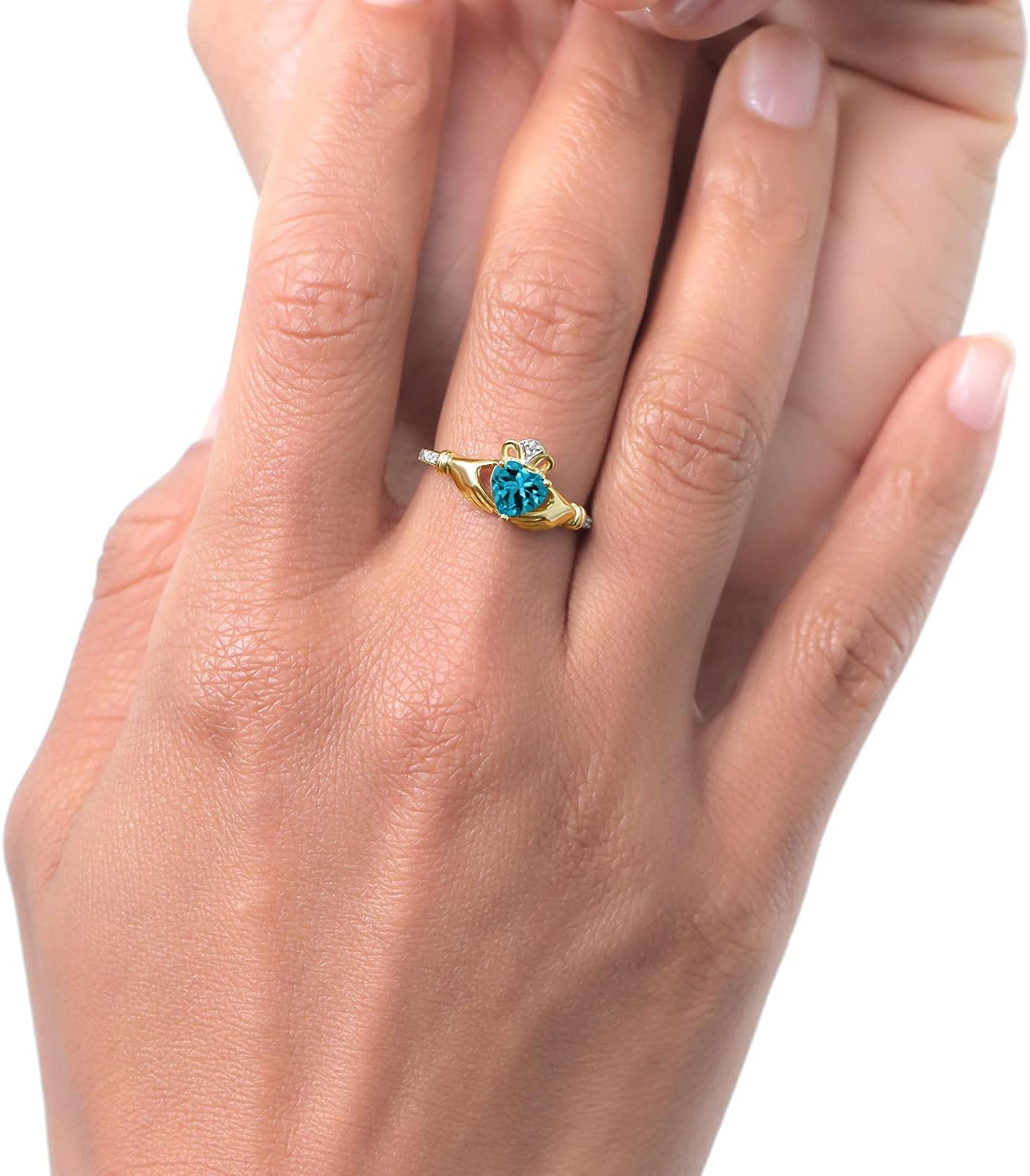 Gem Stone King 10K Yellow Gold 6MM Heart Shape Gemstone Birthstone and White Diamond Irish Celtic Claddagh Engagement Ring | Gold Ring For Women | Sizes 5 to 9