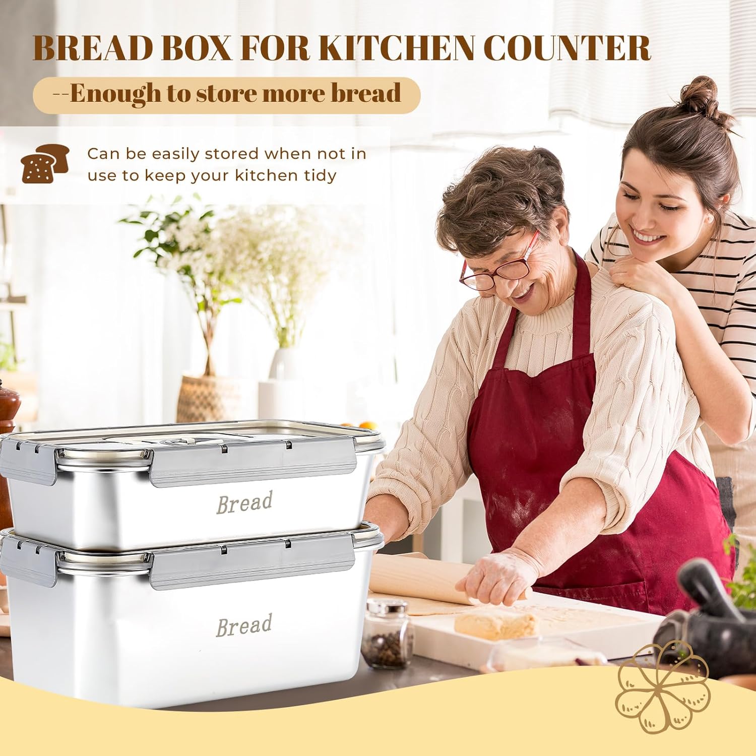 2 Pcs Bread Box for Kitchen Counter, Time Recording Bread Storage Container with Airtight Lid, Large Capacity Stainless Steel Fresh Keeping Box for Vegetable Fruit (13.39 x 7.28 x 5.51 Inch)