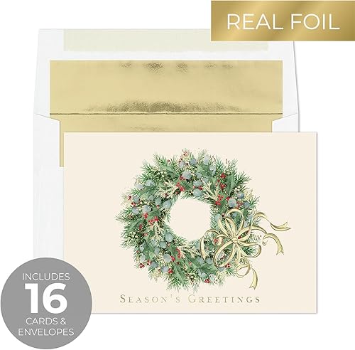 Miniatura 2 de Juego de tarjetas de Navidad con corona de obra maestra con bayas16 tarjetas de felicitación de temporada en caja con sobres forrados de lámina