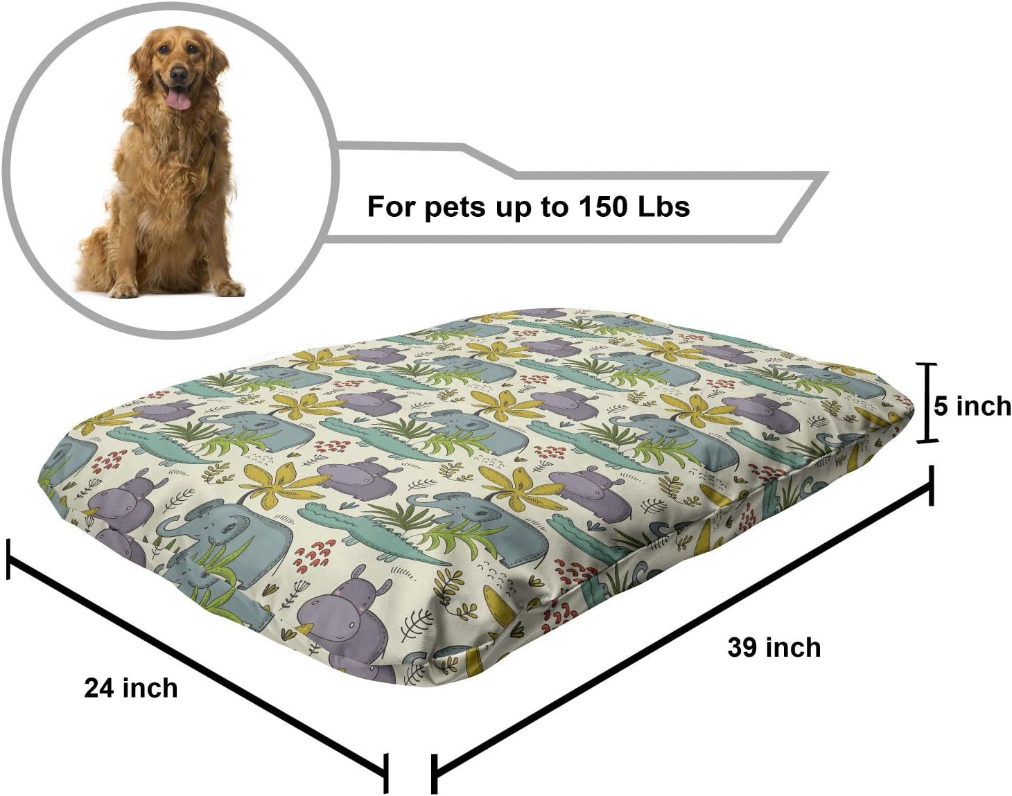 review Lunarable Animals Pet Bed, Continuous Childish Pattern with Hippo Gator and Elephant, Chew Resistant Pad for Dogs and Cats Cushion with Removable Cover, 24