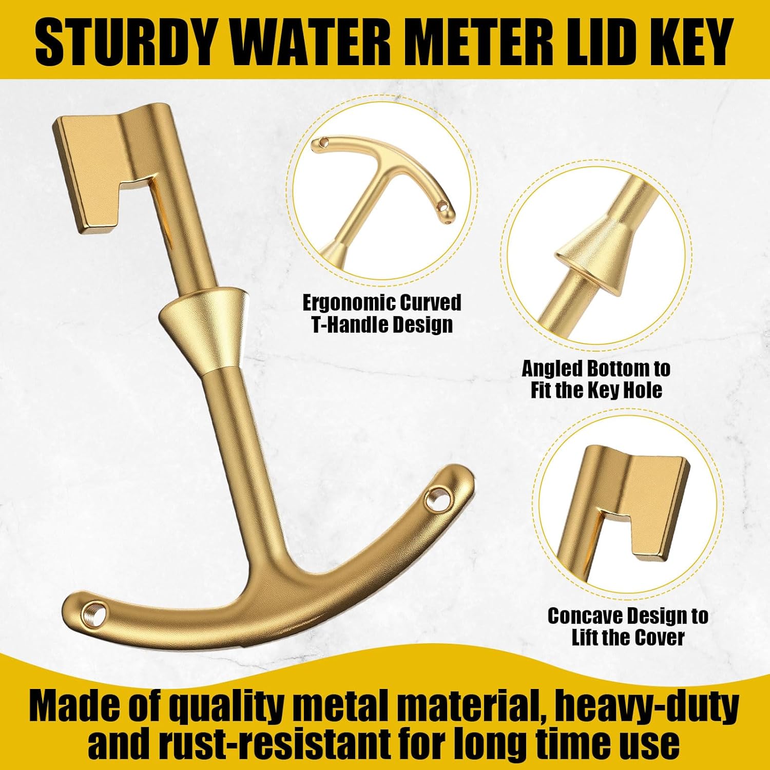 Water Meter Key 17 Inch Enforced Steel Wrench T-handle with 4-way Multi-functional Universal Cross Key Brass Water Meter Box Tool for Curb Main, Underground Stop, Waste Valves (Yellow, Black)