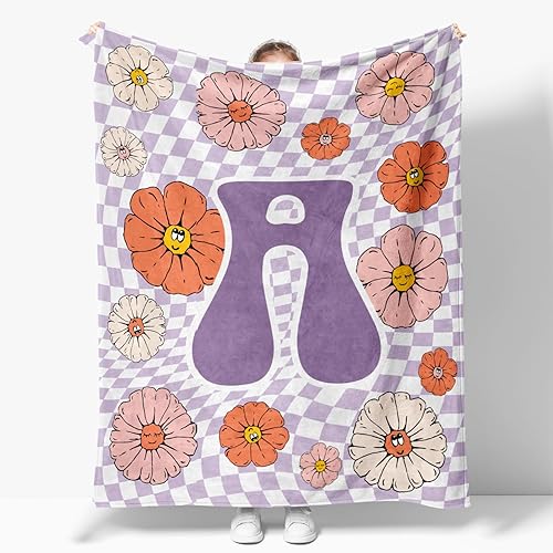 Miniatura 14 de Manta retro de los años 70 con inicial R floral a cuadros, groovy abstracta estética, manta de franela suave personalizada, regalos con monograma