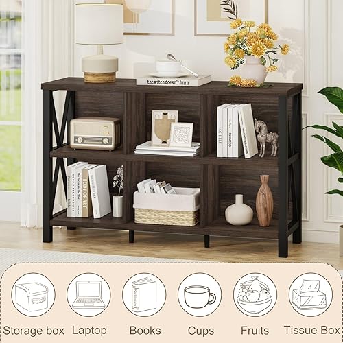 Vista 3 de FATORRI Organizador de almacenamiento de 6 cubos con estante, estantería horizontal corta para sala de estar, estantería de madera y metal, estante