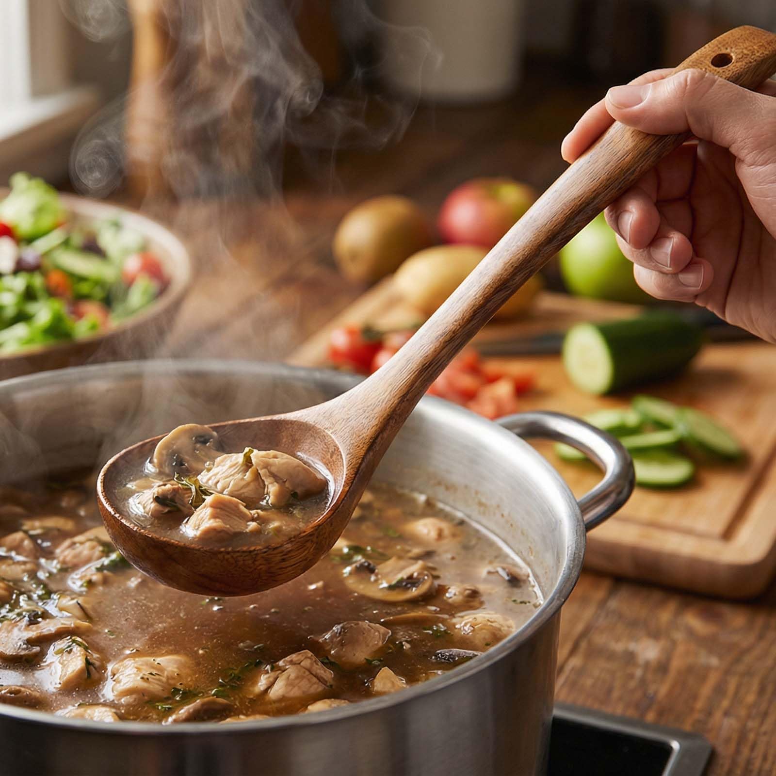 2 Stück Kochlöffel Holz, Holzlöffel mit Spaghettilöffel, Suppenkelle Holz für Kochen, Rühren, Servieren Spaghetti, Suppe, Sauce