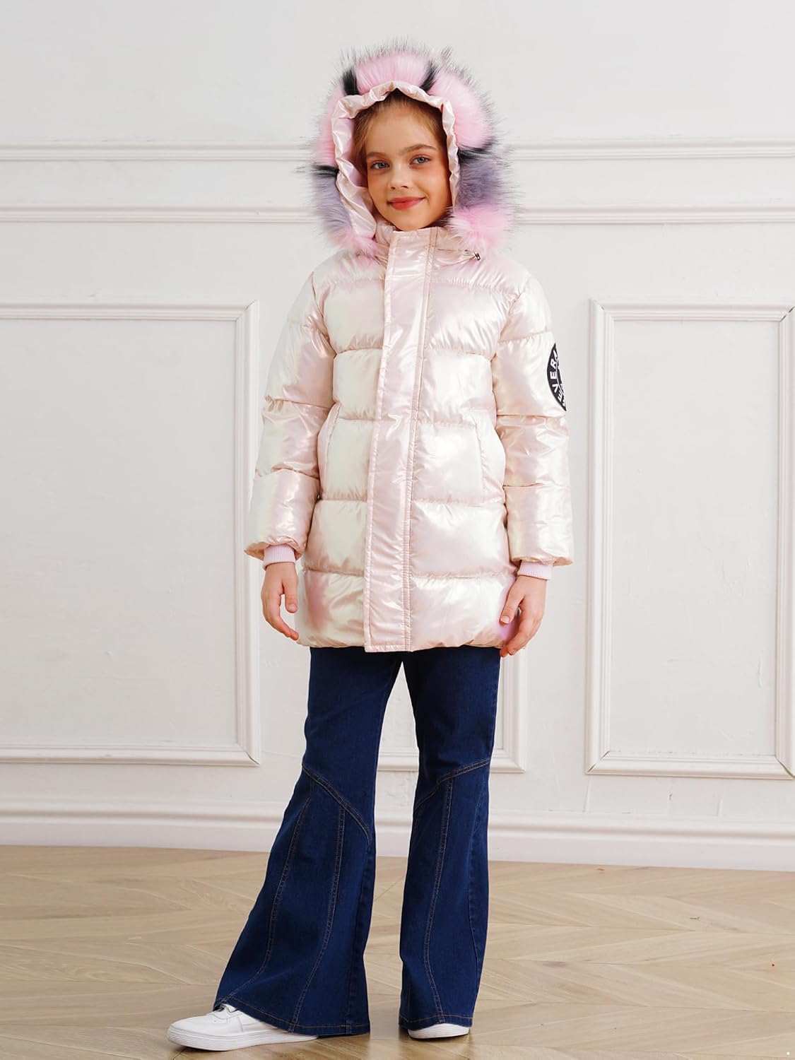 Kids Girls Metallic Puffer Jacket with Fur Hooded Long Puffer Coat Water Wind Resistant Outerwear