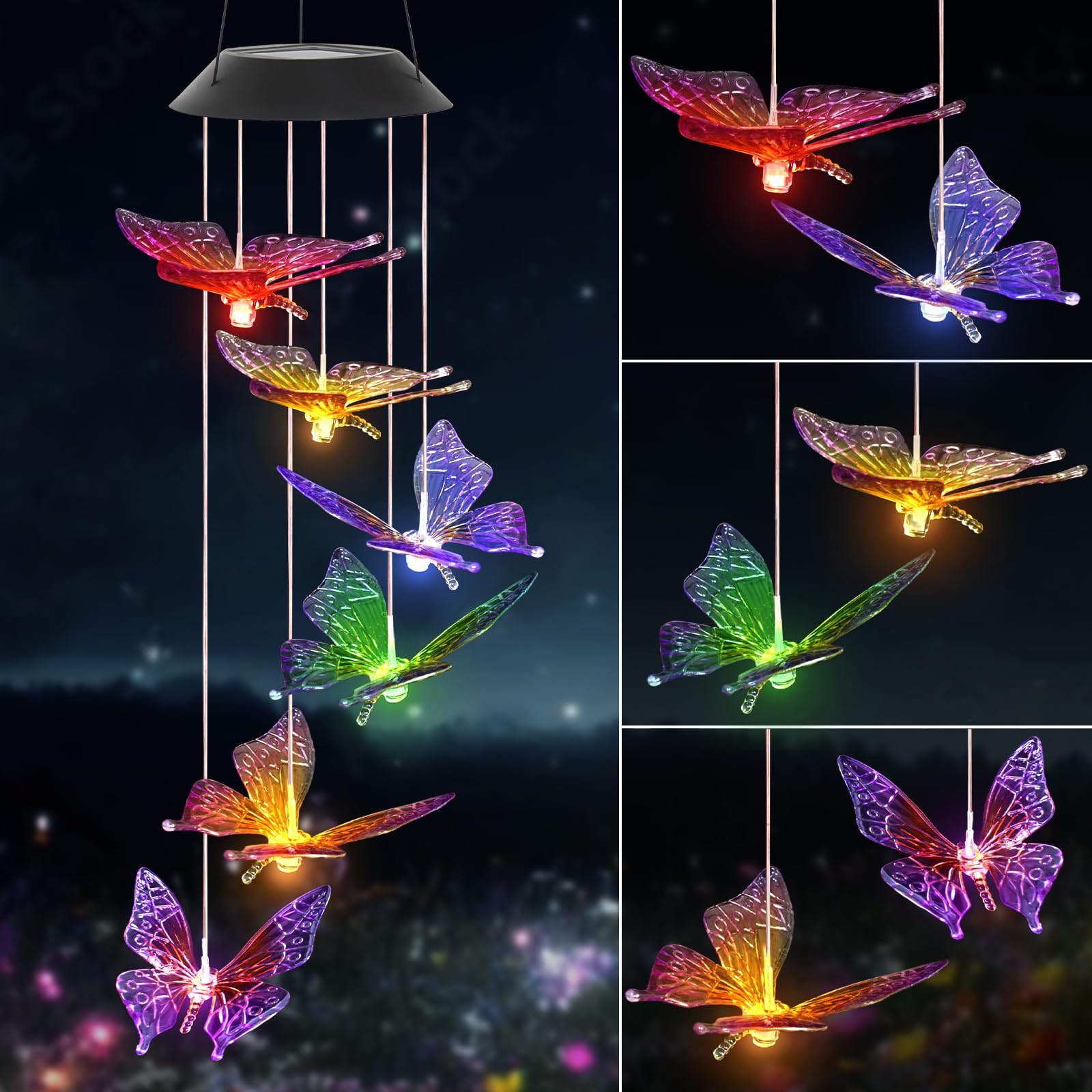 UXORSN Butterfly Solar Wind Chimes for Garden Mothers Day Birthday Gifts for Women Mum Grandma Color Changing Decorative Lights Waterproof Mobile Hanging Wind Chime for Patio Party Garden Decor