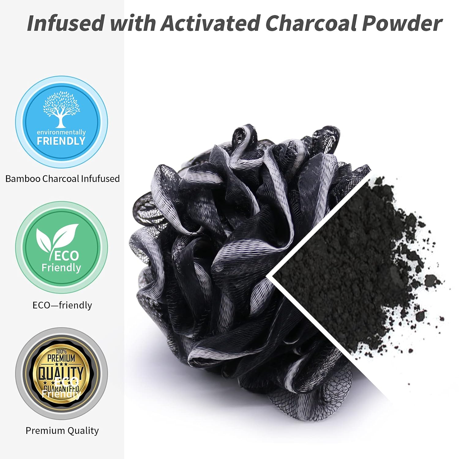 Shower Loofah Sponge Bath puff Large 75g XL for Women Men Kids Soft Mesh Pouf Body Scrubber Gentle Exfoliating shower Ball Buff Luffa with Bamboo Charcoal for Silky and Smooth Skin Cleansing 3pack : Beauty & Personal Care