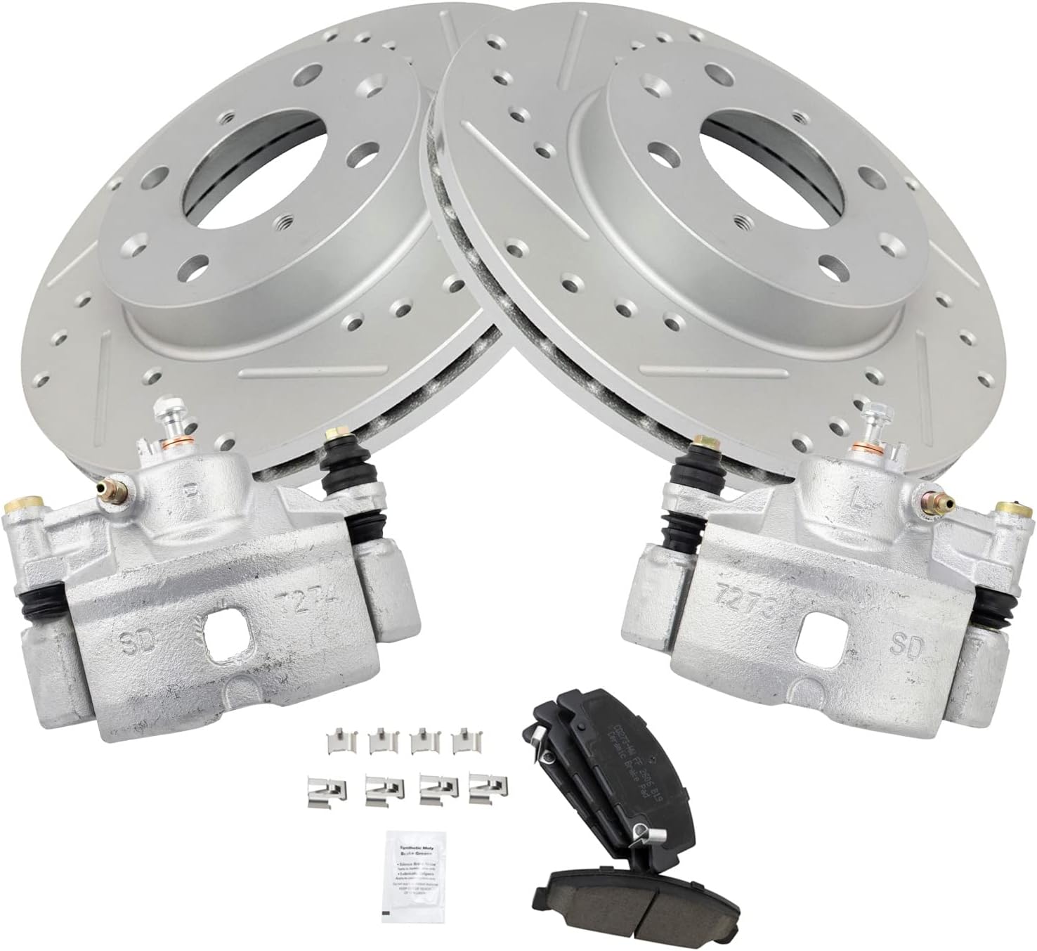 TRQ Front Brake Pad and Rotor Set Ceramic Drilled Slotted Coated Vented Rotors Calipers Compatible with 1990-2000 Honda Civic 1993-1997 Civic del Sol 1990-1991 CRX