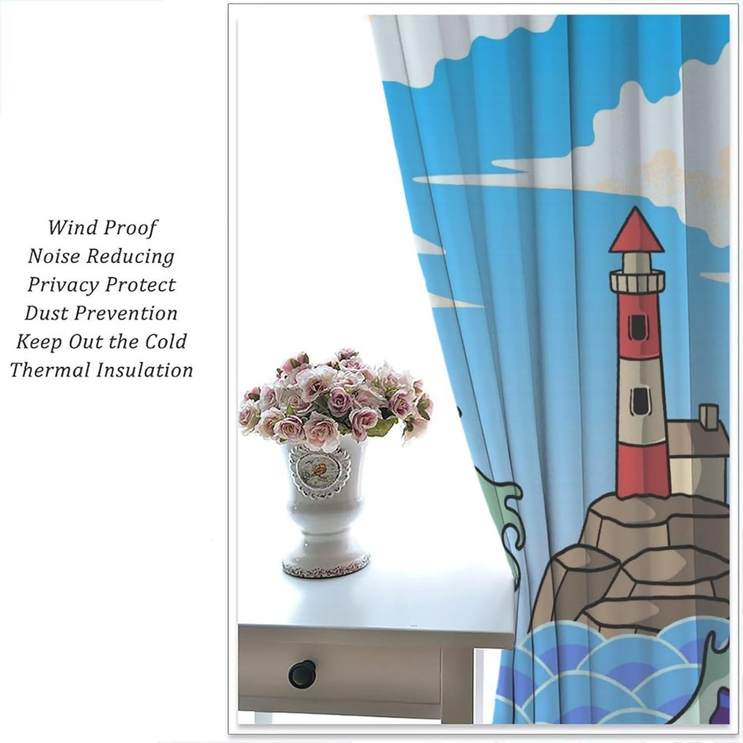 Lighthouse Blackout Curtains, Watercolor Sea Wave Lighthouse Print Rod Pocket Window Drapes, for Bedroom Living Room 42" W X 54" L