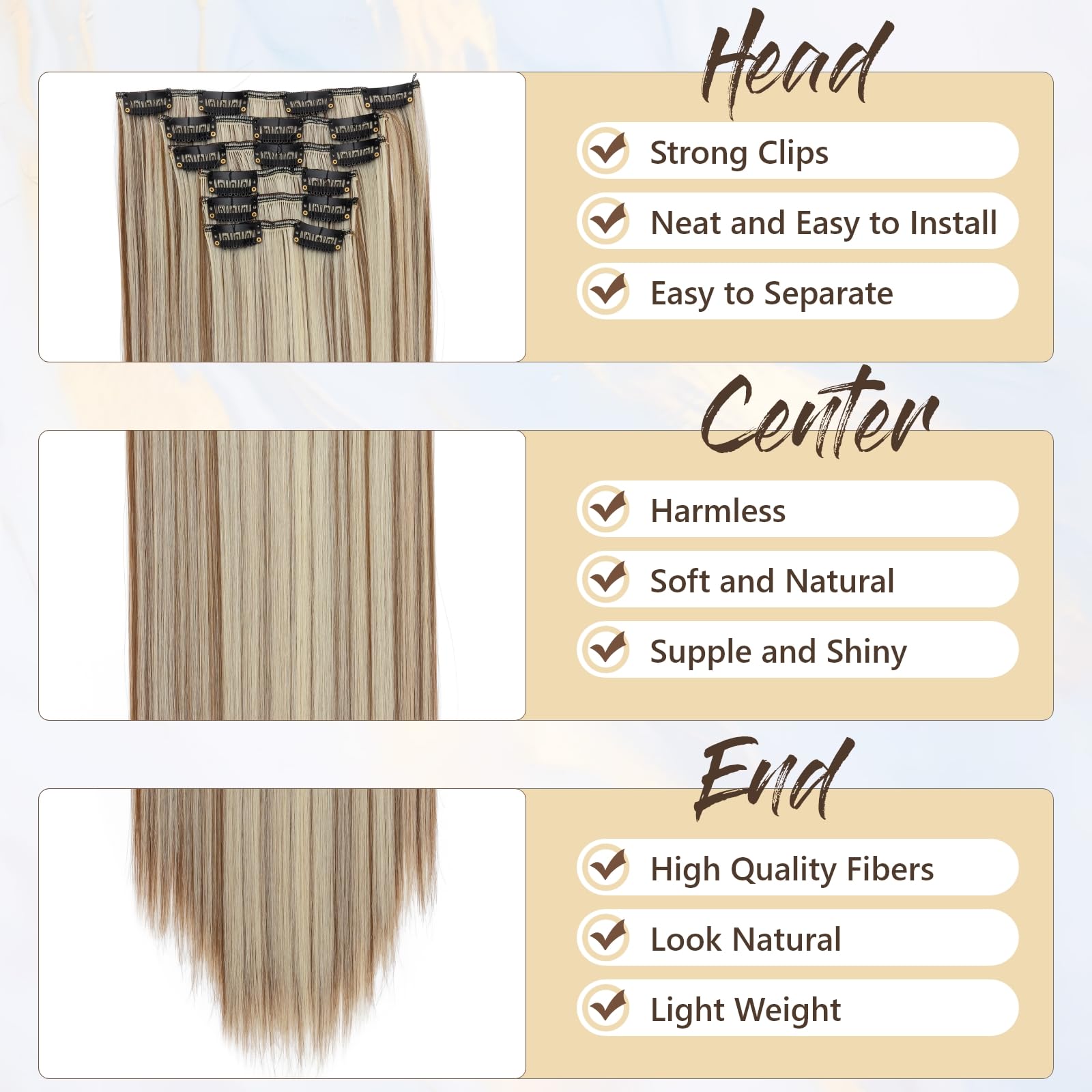 Benehair 24" Clip in Hair Extensions Full Head 6 Pcs 16 Clips Long Straight Hair Extensions Clip in Synthetic Fiber Natural Extension Brown mix Blonde Hairpiece for Women(Brown mix Blonde - Image 4