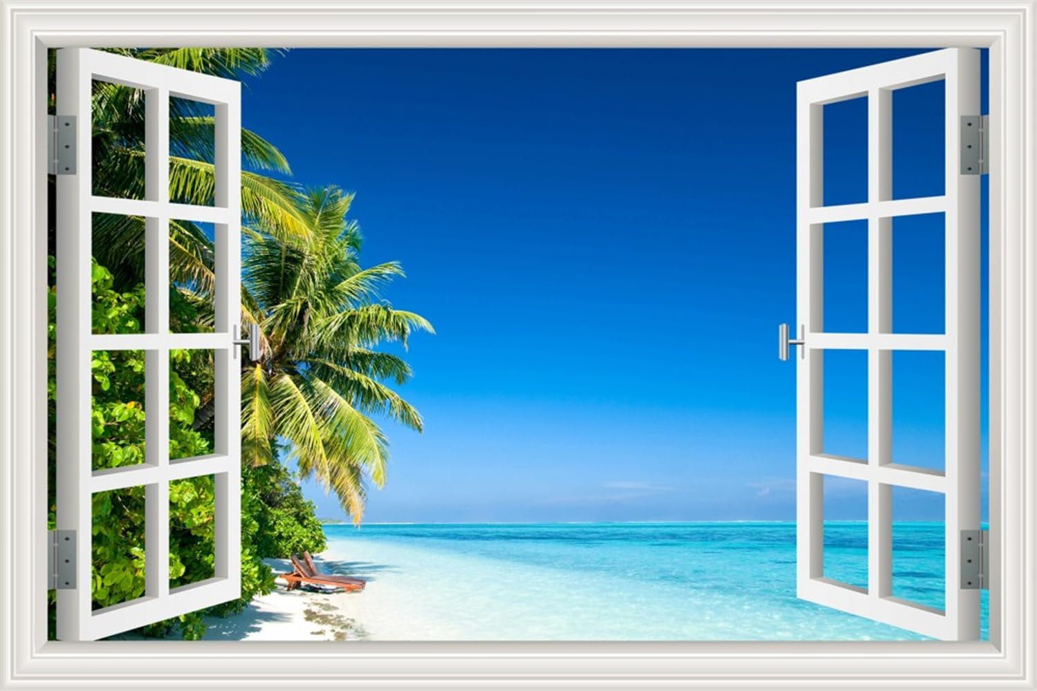 3D Vinyl Wall Decals Beach Theme Window View Style Palm Tree Island Blue Ocean Sea Wall Decor Stickers Removable Nature Seascape Murals Art Poster for Living Room Bedroom Apartment Dorm - 24"x36"