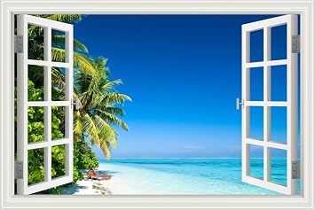 3D Vinyl Wall Decals Beach Theme Window View Style Palm Tree Island Blue Ocean Sea Wall Decor Stickers Removable Nature Seascape Murals Art Poster for Living Room Bedroom Apartment Dorm - 16"x24"