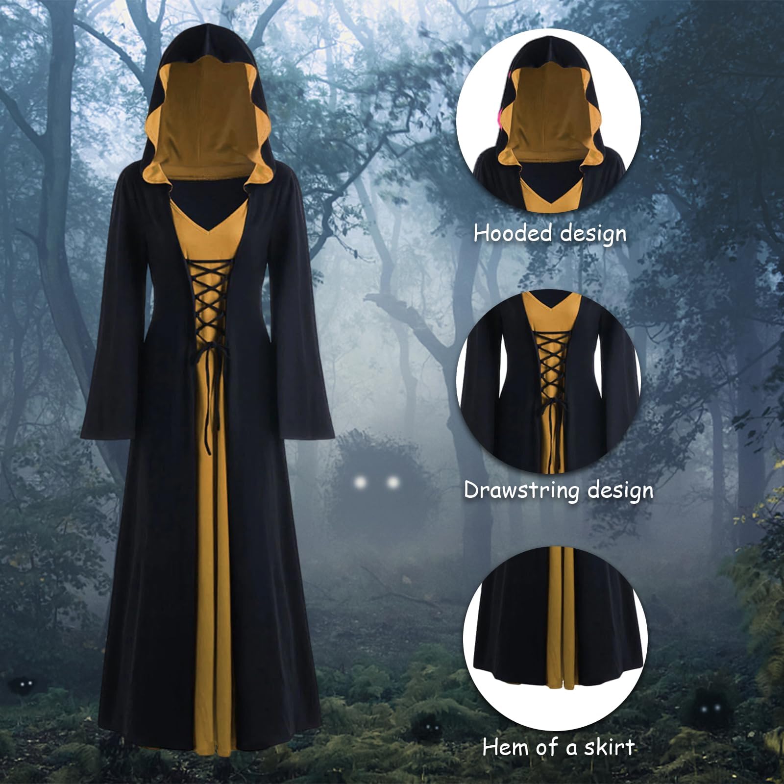 CNVAUIE Costume da strega vintage per Halloween, costume medievale rinascimentale, costume da strega vampiro con cappuccio