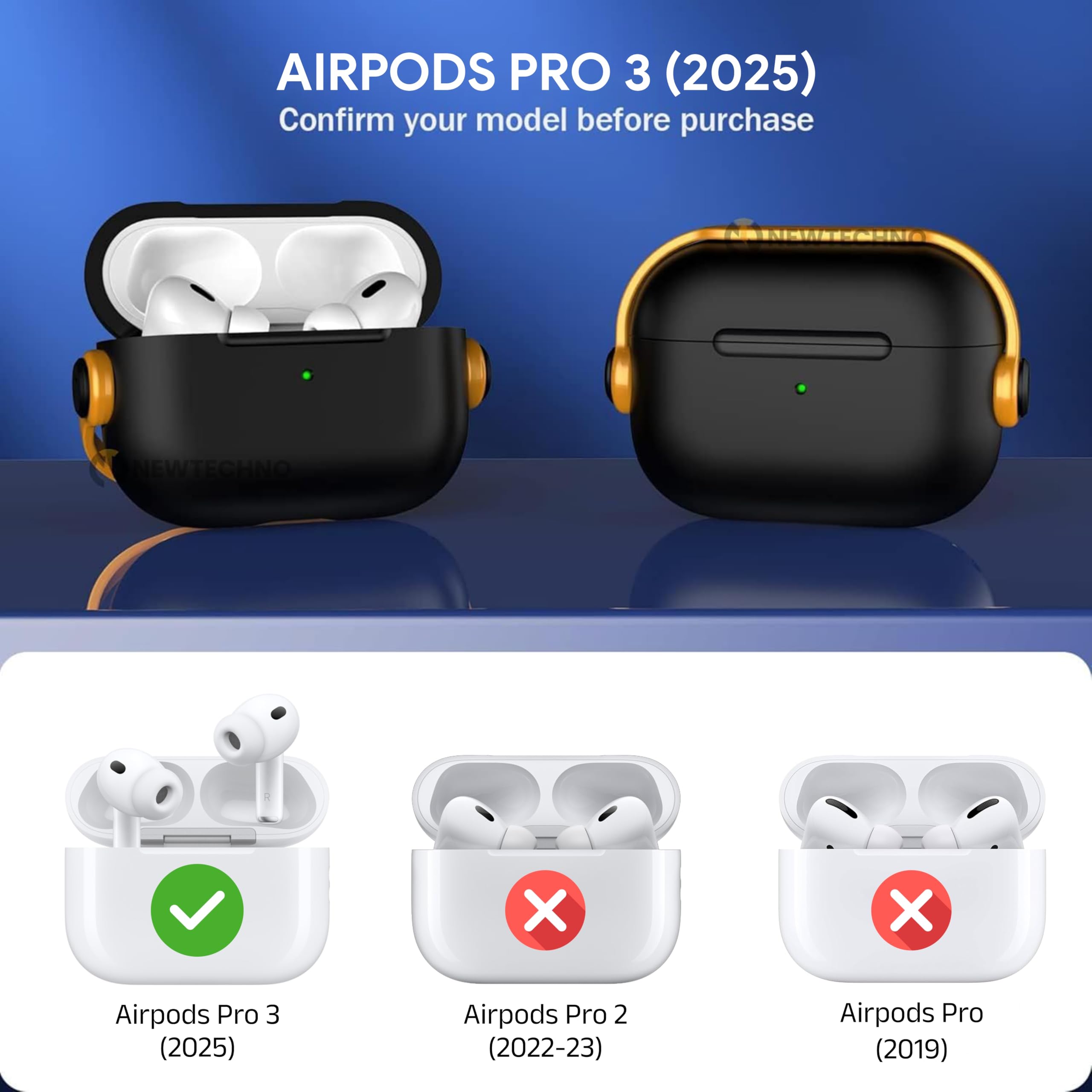 NEWTECHNO Antilost Lid Case Cover Shell for Airpods pro 3 (2025)| Full Protection Case Cover with Lanyard Compatible for Airpods Pro 3rd Generation with carabaner, Secure Lock Design Black-Yellow — Amazon image 3