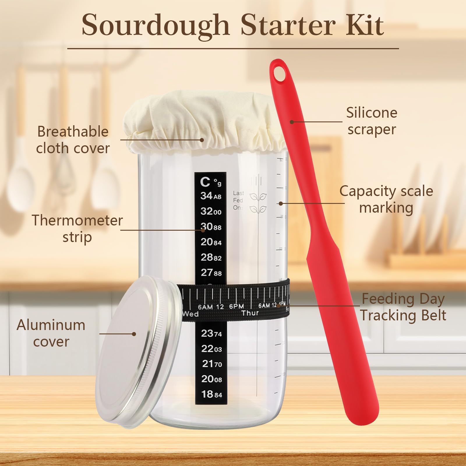 Gärkörbchen Sauerteig Starter Set, Gärkorb Brot mit Brotbackzubehör, Sauerteig Zubehör,Brotbackset, Gärkörbchen，Sourdough starter kit für Bäckerinnen, Frauen, Ehefrauen, Mütter für Brot Backen