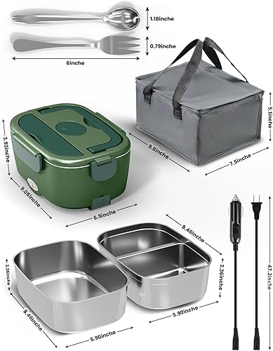 Miniatura 7 de Lonchera eléctrica para adultos, lonchera de 80 W con doble contenedor de acero inoxidable de 1.5 L, calentador de alimentos portátil con bolsa