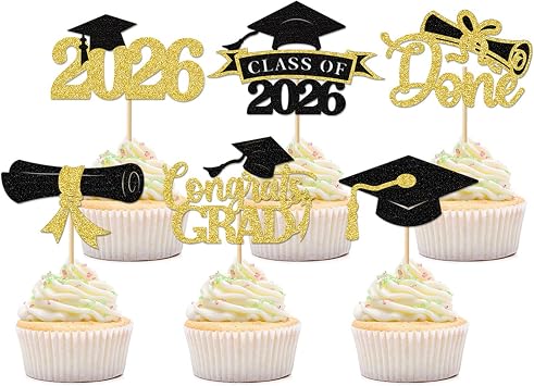 24Pcs 2026 Graduation Cupcake Toppers, Black & Gold Glitter Class of 2026 Cupcake Picks, Grad Cap, Diploma, Congrats Grad Cake Decorations for High School College Graduation Party Supplies