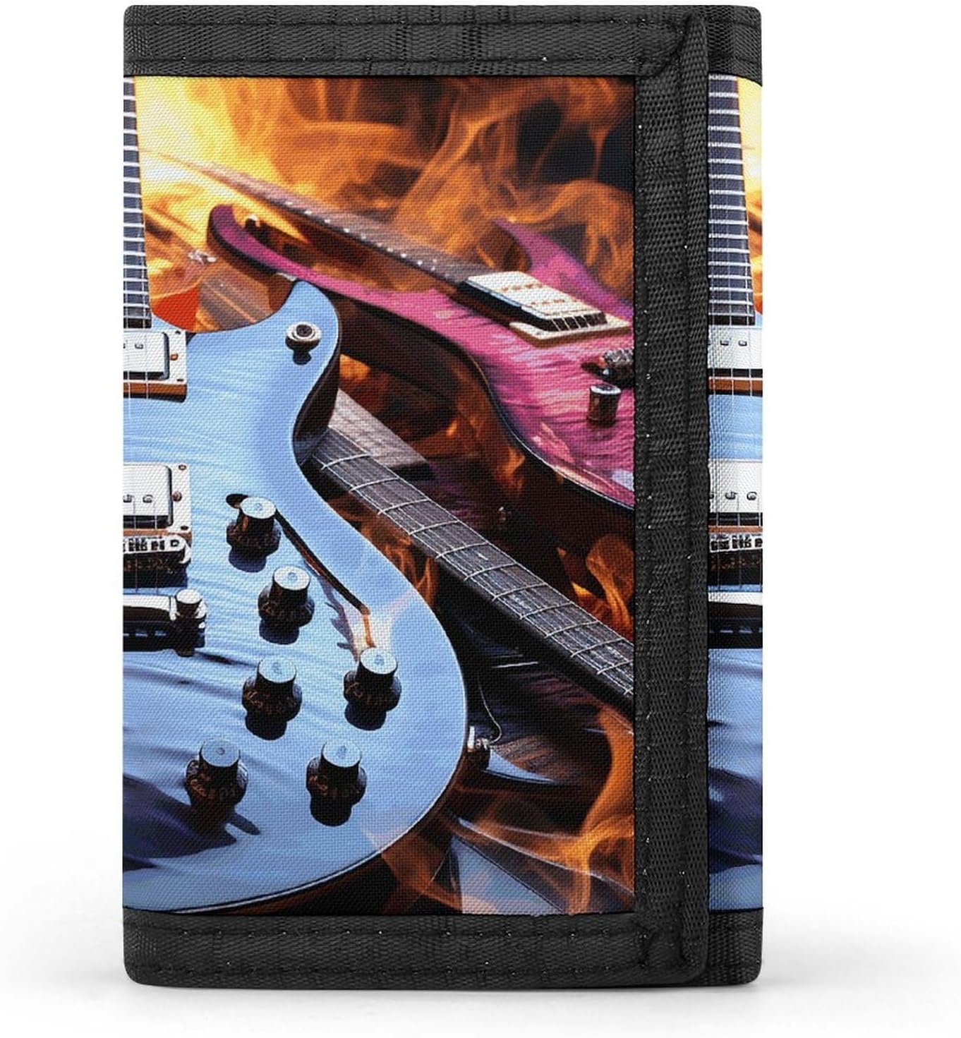 Trifold Canvas Wallet with Keychain, Modern Fashion Credit Card Holder Wallet for Men Women, Magic Electric Guitar Music Slim Wallets W/Zipper Coin Pocket, Novelty Birthday Gift