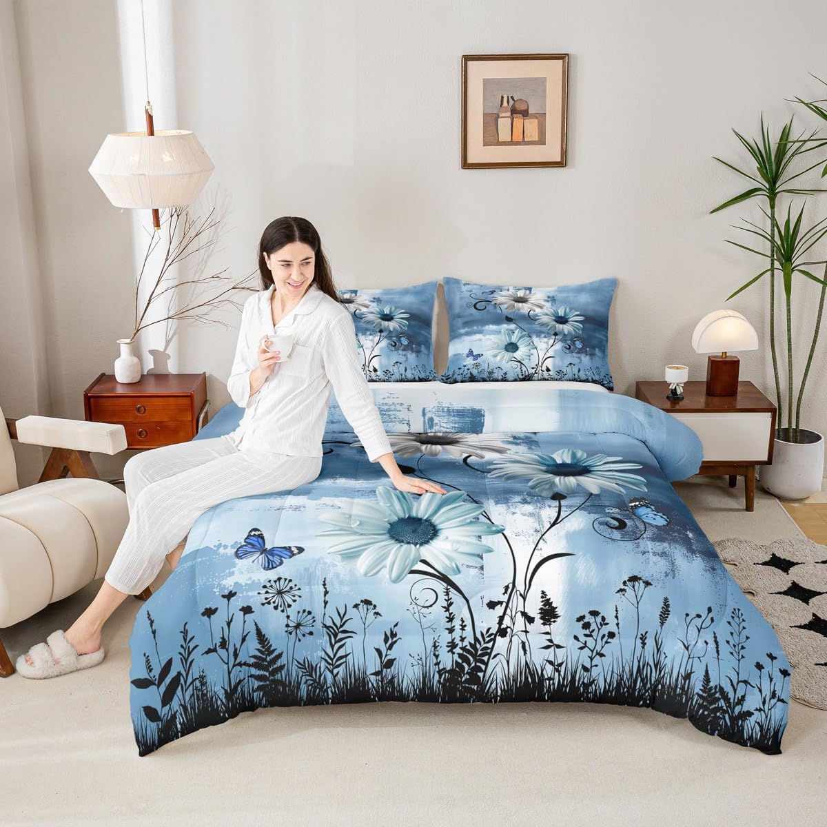 Castle Fairy Rustic Floral Comforter Set Queen Size,Farm Daisy Flowers Butterfly Country Bedding Set for Women Adult,Blue Abstract Art Graffiti Luxury Bed Duvet Insert, 2 Pillowcases - Image 2