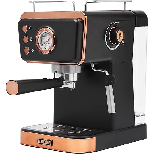 HADEN Barista Brew Espresso Coffee Machine, Stainless Steel Espresso Maker with Milk Frother and Steamer Function and 1.5L Water Tank, Black & Copper