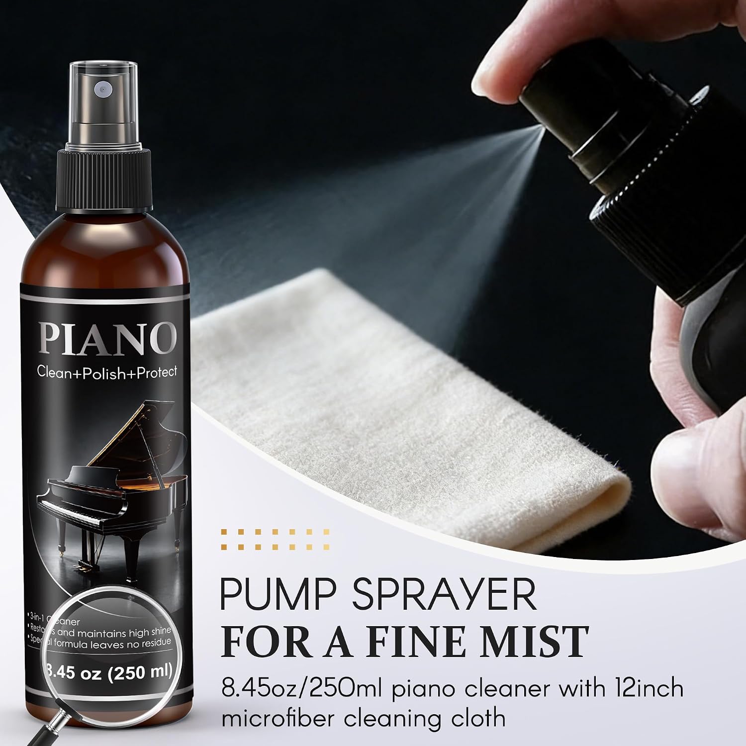 8.45 oz Piano Cleaner Polish Kit for High Gloss Finishes, Clean, Shine & Protect Care Spray with Dust Brush & 2 Microfiber Cleaning Cloths, Anti-static Removes Dust, Fingerprints & Smudges