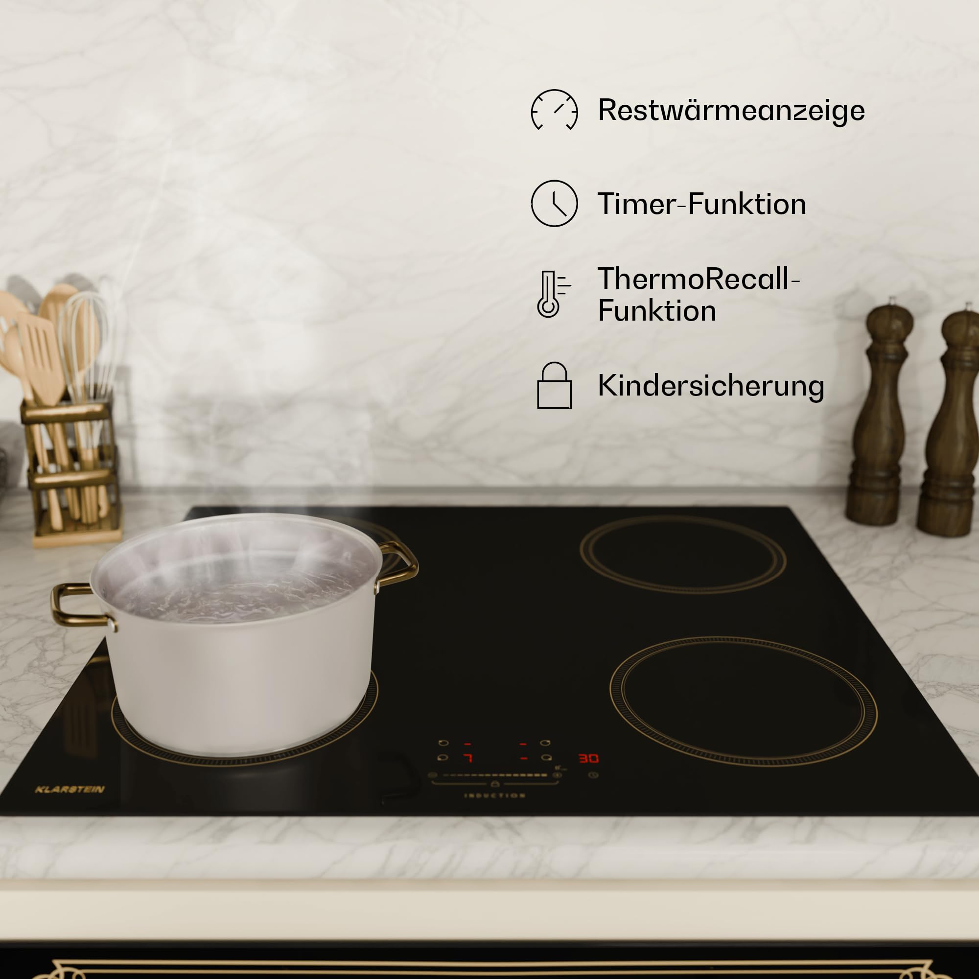 Klarstein Victoria Induktionskochfeld – 4-Zonen-Einbau-Induktionskochfeld, 7.000 W Mit Boostern, Schieberegler Und Timer, Kindersicherung, Schwarz, 59-cm-Design