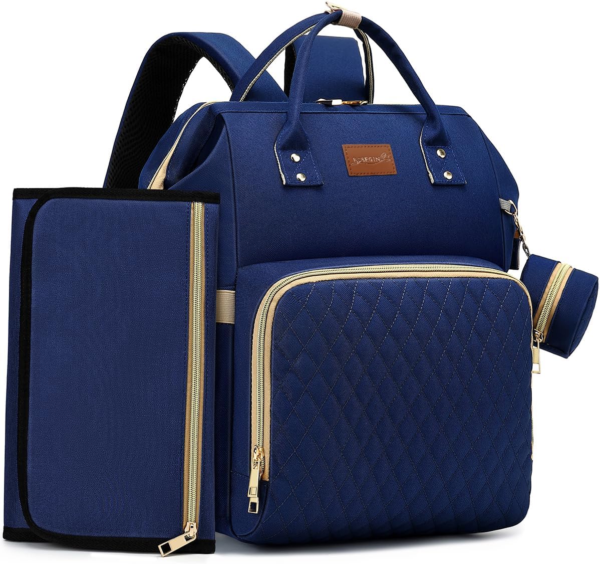 Diaper Bag Backpack with Changing Pad, Pacifier Case, Baby Bag for Boy Girl Toddler - Large, Stylish, Waterproof Travel Quilted Diaper Bag for Mom - Baby Shower - Navy Blue