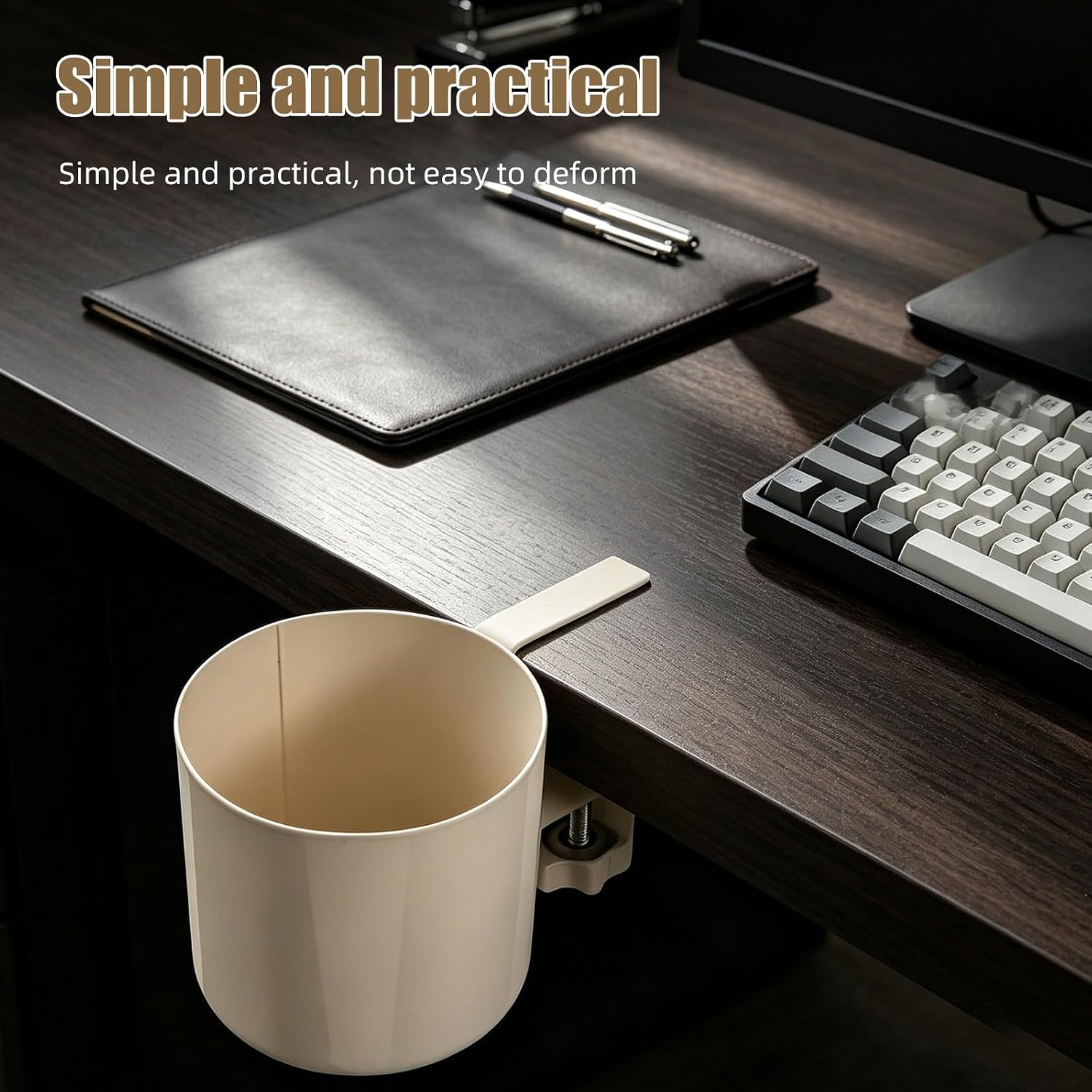 Luxshiny Clip-on Desk Cup Holder with Integrated Headphone Hanger, No Spill Drink Holder for Gaming Table and Workspace, White Iron Round Design, Easy Installation and Space Saving image 3