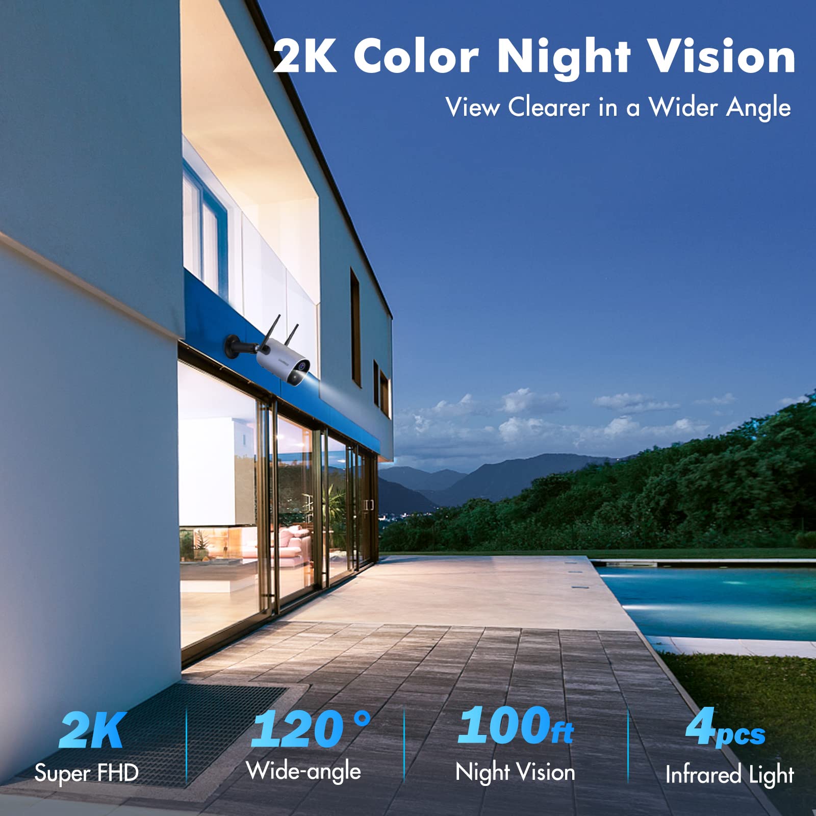 2K Outdoor Camera Wireless, ZUMIMALL Battery Powered WiFi Surveillance Cameras for Home Security,3MP Color Night Vision/2 Way Audio/IP66 Waterproof/Siren and Spotlight/Motion Alert/Cloud/SD/,2PCS