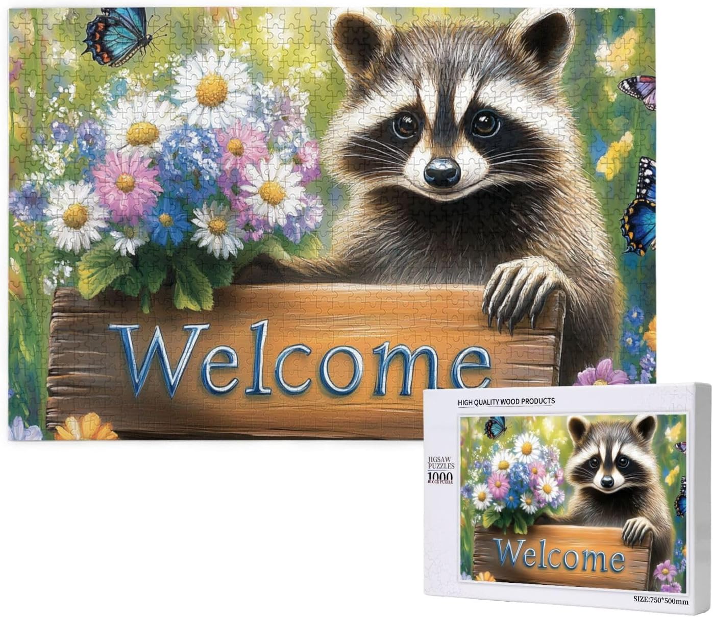 Adult Wooden Jigsaw Puzzles 1000 Pieces, Raccoon and Welcome, Give Yourself A Challenge, Release Stress, Relax, Creative Activity Hobby, Suitable for Friends