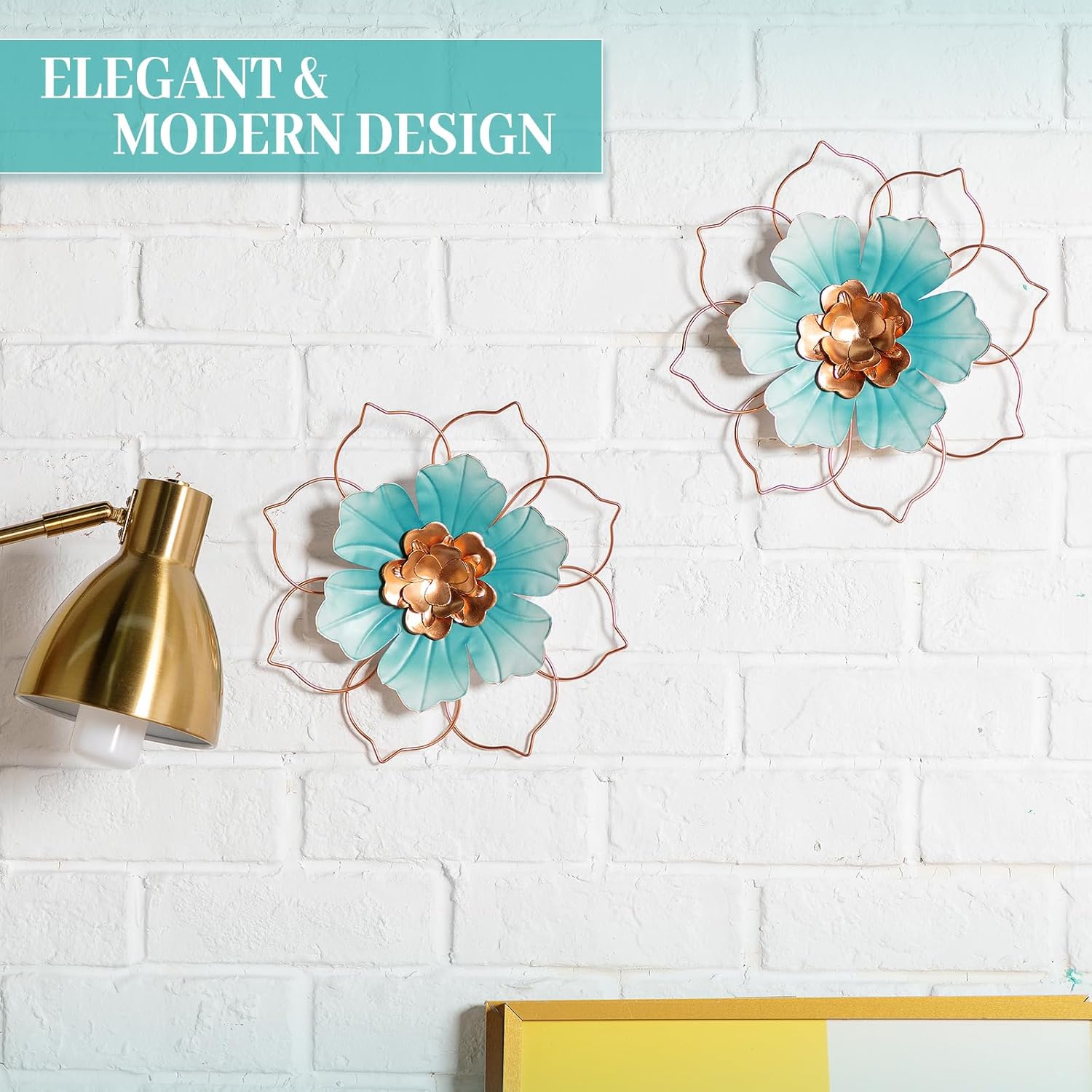 Tandefio 3 Pcs 9.5 Inches Metal Flower Wall Decor Floral Decoration, Metal Flower Wall Art Sunroom Decor Iron Hangings for Living Room Bathroom Bedroom Home Indoor Outdoor(Blue)
