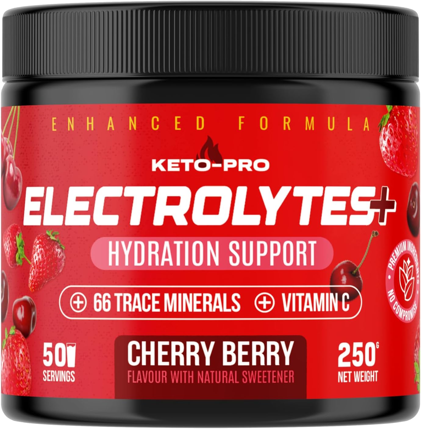 Keto-Pro Keto Electrolytes 250g - 50 Servings | Electrolyte Powder & Salts with 66 Trace Minerals | Supports Your Fasting, Health & Fitness Goals | Cherry Berry Flavour