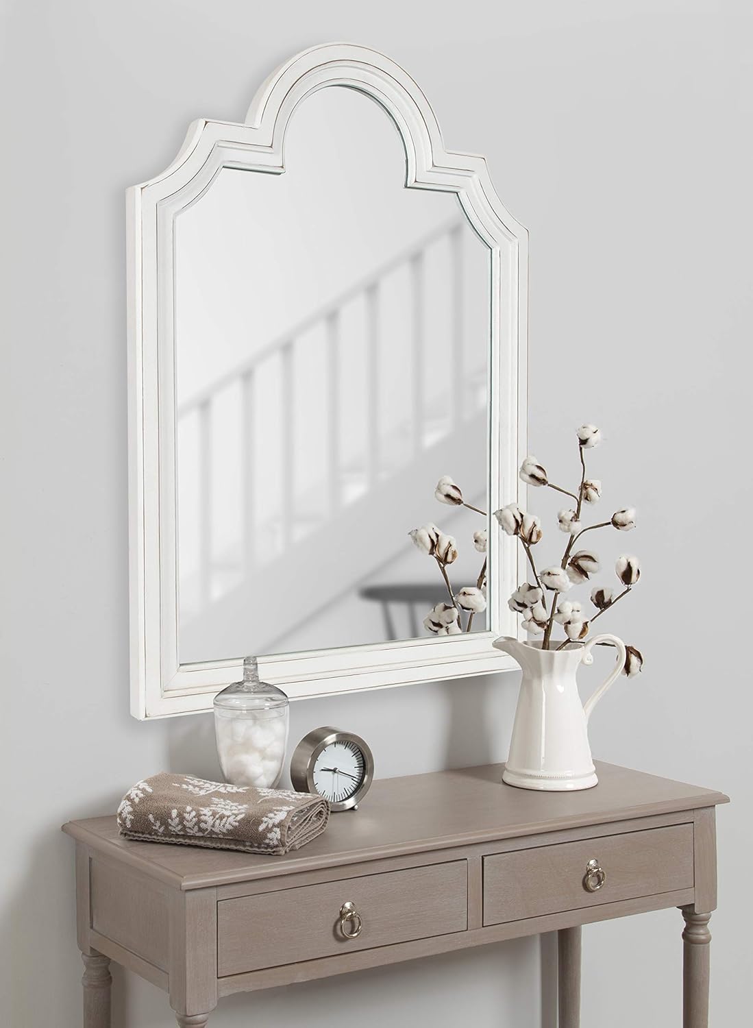 Kate and Laurel Sindahl Rustic Wood Framed Arch Wall Mirror, 26 x 35, Distressed White, Moroccan-Inspired Accent