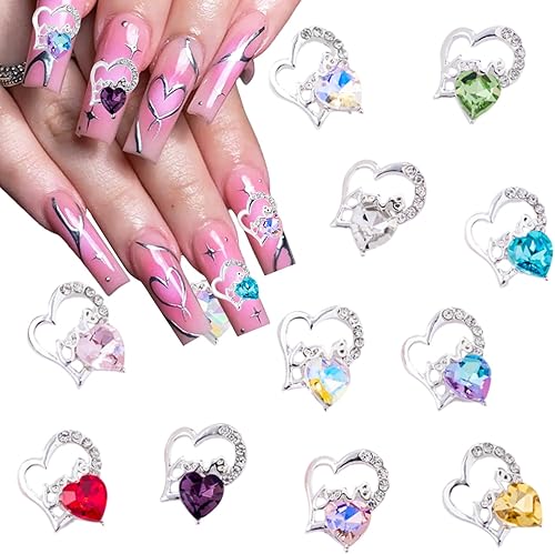 12 dijes plateados de corazón para uñas, aleación 3D, diamantes de imitación de San Valentín para uñas, dijes de arte de uñas con diamantes de