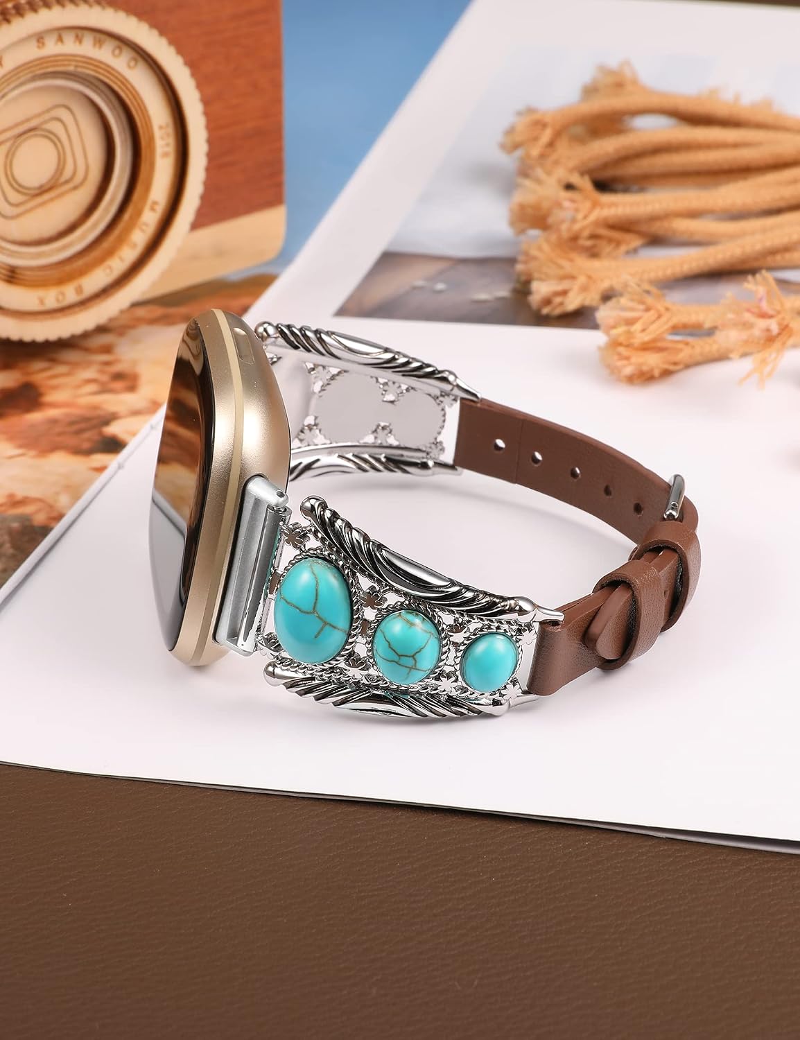 Minyee Leather Band Compatible with Fitbit Versa 4/Versa 3/Sense 2/Sense Band Women, Western Turquoise Boho Vintage Cowboy Retro Jewelry Adjustable Slim Replacement Wristband Strap for Versa 4/ Sense