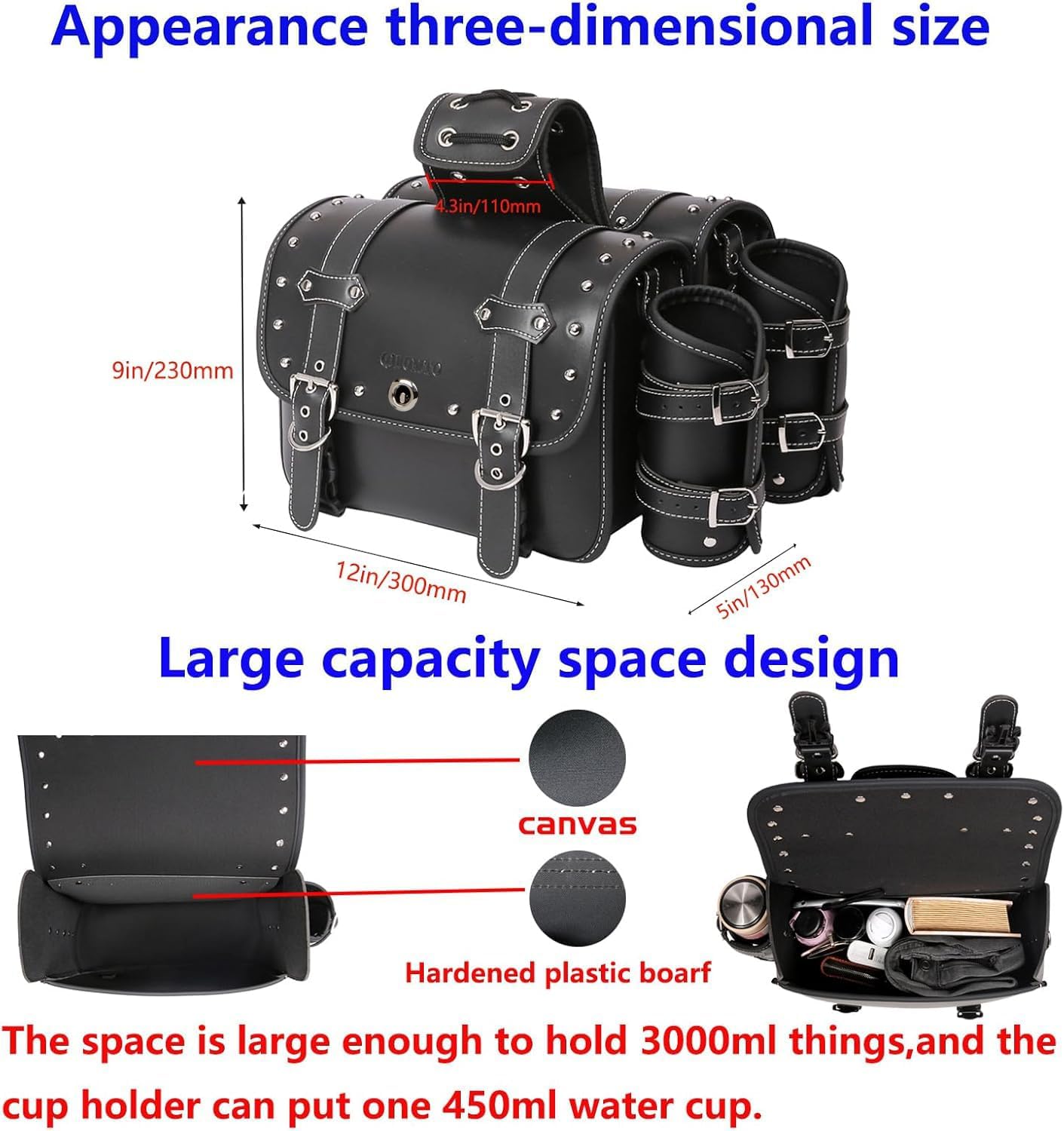 High-density Leather Motorcycle Saddlebags- Throw Over Saddle bags,Panniers Side Bags with cup holder,Waterproof, Side Tool Bag, Storage Tool Bag for Motorbike,Universal, 1 Pair,M (Black)
