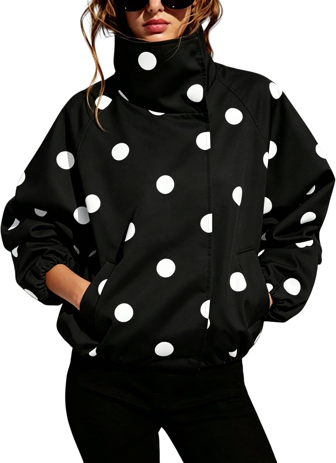 SCUSTY Women's Oversized Polka Dot Bomber Jacket Button Down Fall Coat