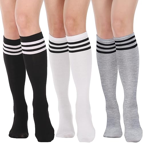 DRESHOW 3 Pairs Casual Tube Socks Cotton Knee High Socks for Women Solid Knit Knee Long Stocking Leg Warmer All Season Gift - 3 Pairs Knee High: White, Light Grey, Black